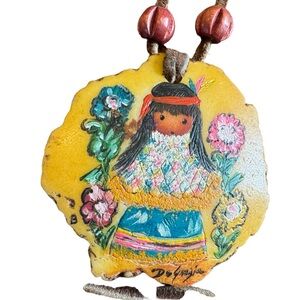 Vintage DeGrazia Pendant Necklace Girl With Flowers